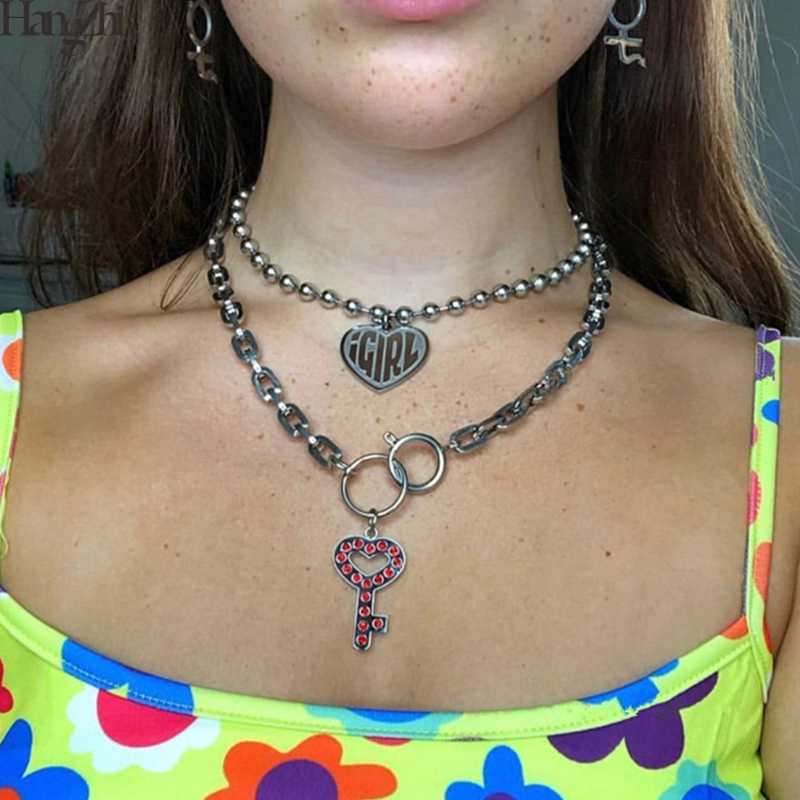 

HangZhi 2020 New 2pcs/set Punk Choker Letter Heart Shape Pendant Silver Color Beads Link Chain Double Layer Necklaces for Women