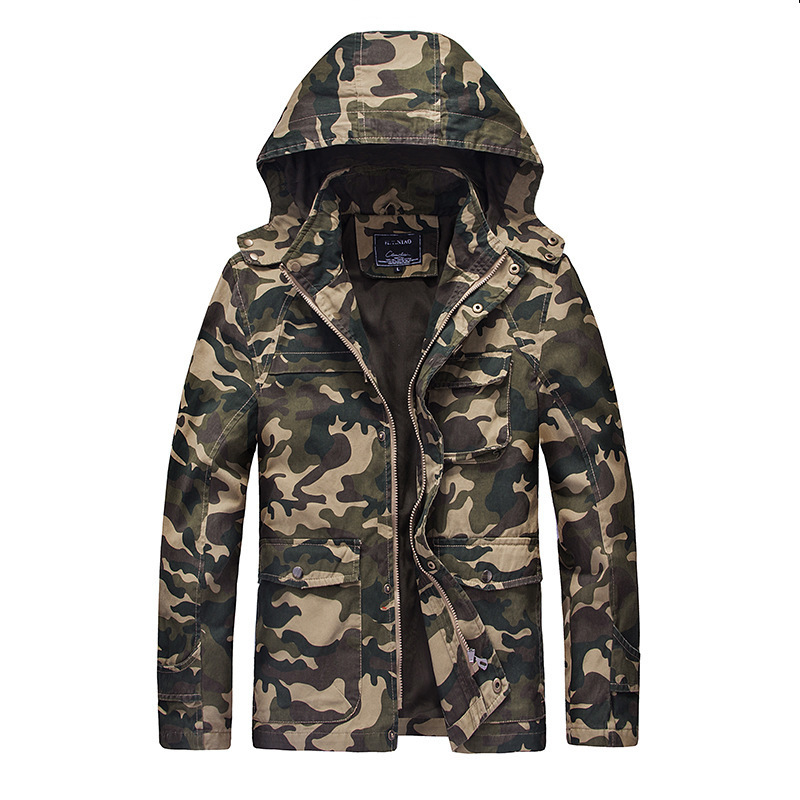 

Outdoor Camouflage Uniform Spring Multi-pocket Hooded Clothes Hunting Climbing Sports Windbreaker Coats Male Jacket, Army green camo