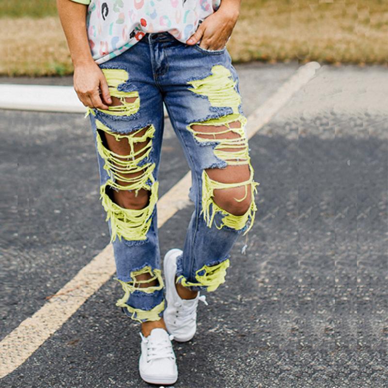 

Stretch Embroidered Jeans For Women Elastic Flower Jeans Female Slim Denim Pants Hole Ripped Rose Pattern Pantalon Femme, Green