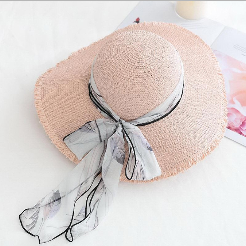 

NEW Summer Sun Hats For Women fashion Ribbon Lace Up Large Brim Straw Hat Outdoor UV protection Beach hat Chapeu Feminino, Pink