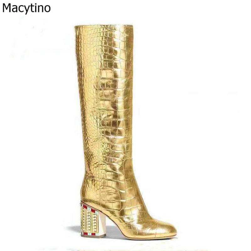 

Snake Print Knee Boots Women Autumn Winter Western Cowboy Wedge Boots Women High Heel Gold Handmade Crystal Beaded Shoes