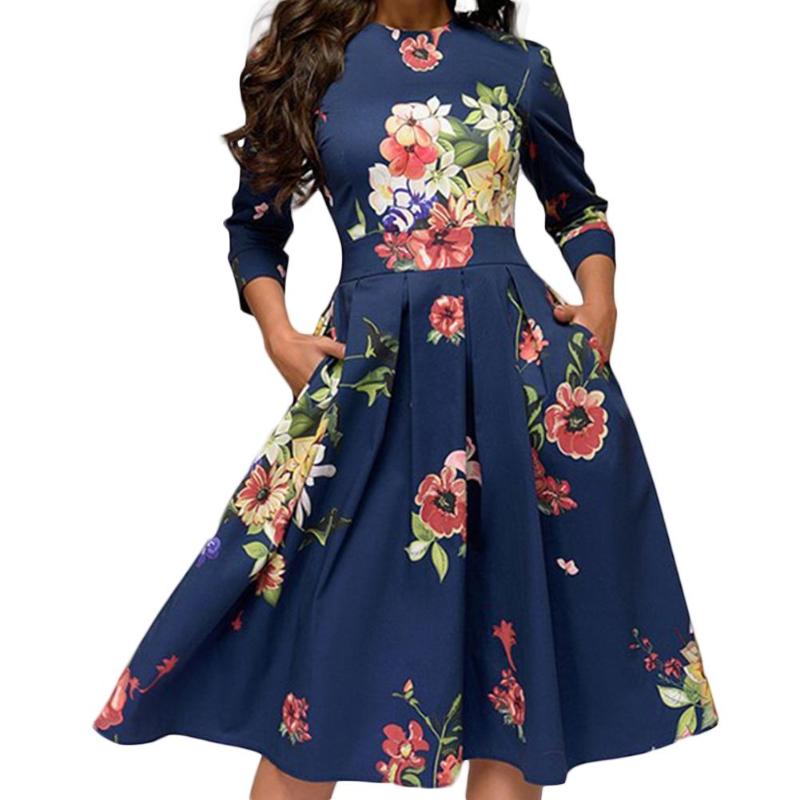 

Plus size dresses Wome Fashion Floral Print 3/4 Sleeve Round Neck A-line Slim Ruched Ladies Summer dress for wedding Party Dress, Red