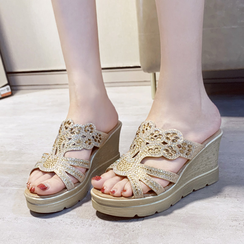 

Summer Women Slippers High Heels Wedges Slipper Platform Slides Flowers Beach Shoes Woman Pumps Flip Flops zapatos mujer 8044G, Blue