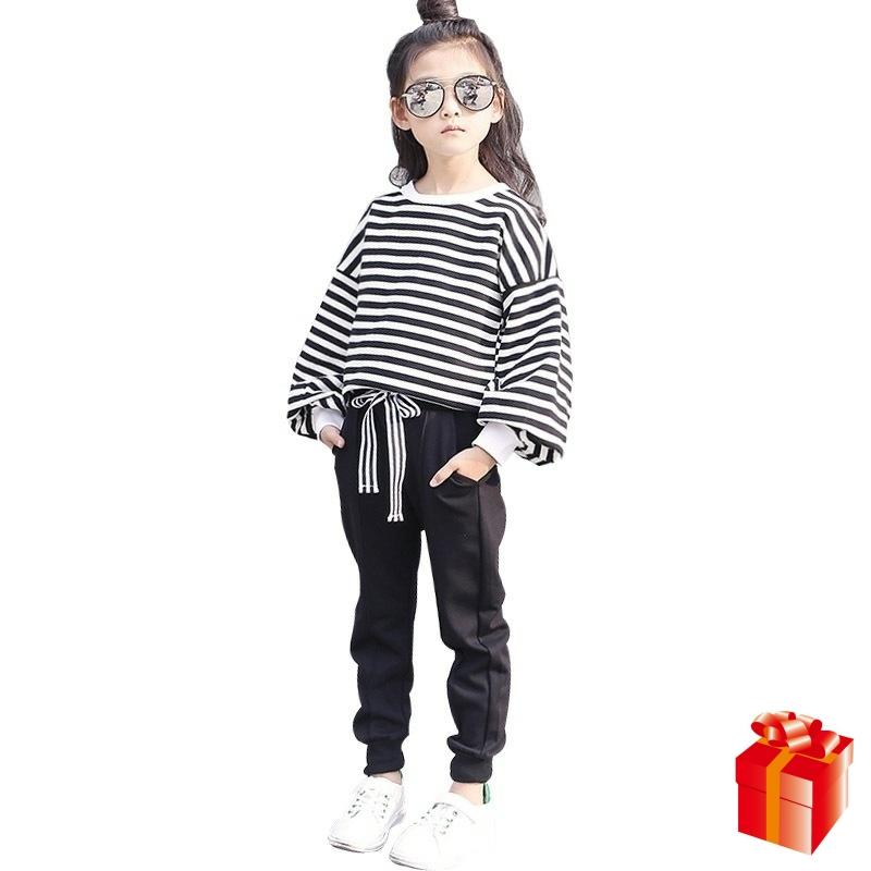 

Baby Girl Clothing 2020 Spring /Autumn New Cotton Big Children Casual Striped Sweater + Trousers Personality Sports Two-piece, Black