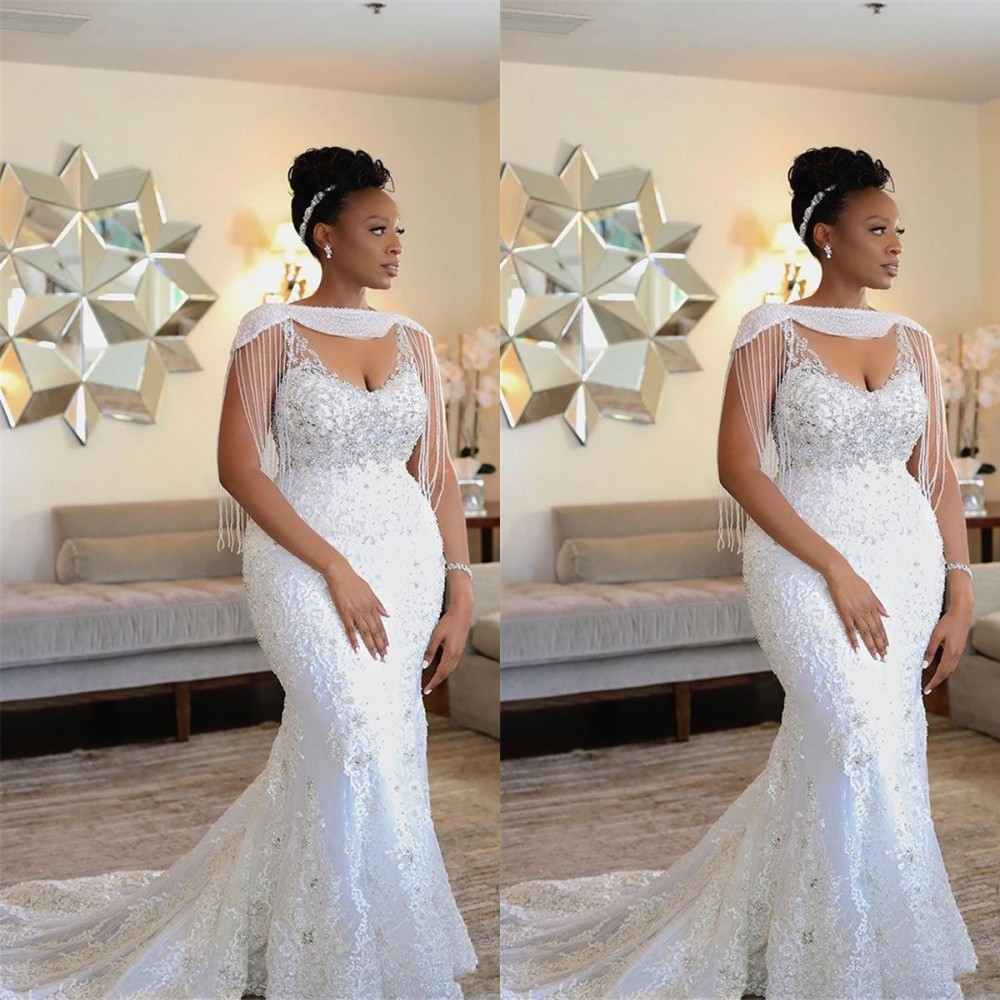 

New African Wedding Dresses Bridals Gowns Mermaid Wedding Dresses Vintage V Neck Spaghetti Straps Lace Crystal Beads With Wrap Wedding Dress, Ivory