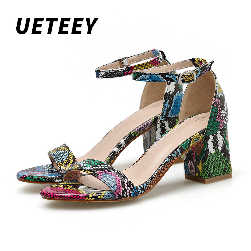 

UETEEY Fashion Colour Serpentine Women Shoes Peep Toe 6CM High Heels Sandals Summer Party Shoes PU Ankle Buckle Sandals Pumps, Color