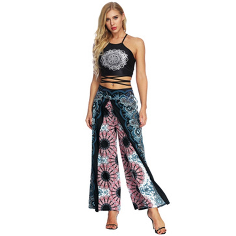 

Women National Pants Loose Floral Printed High Elastic Waist Ankle Length Wide Leg Pants Female Casual Fashion, White