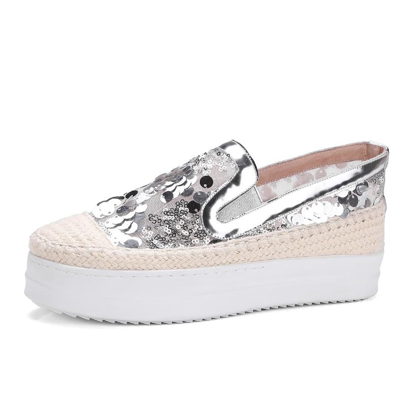 

Leisure leather loafers in 2020 spring new sequins single shoes female 33-43, Silver