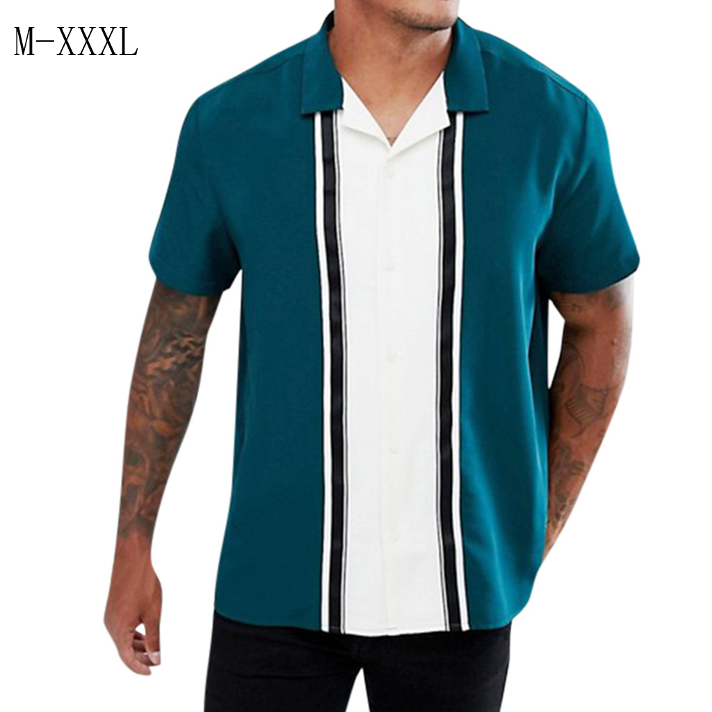 

striped loose solid printed shirts slim fit beach fashion casual brand blouse retro shirt men's short Sleeve shirt homme top, Green