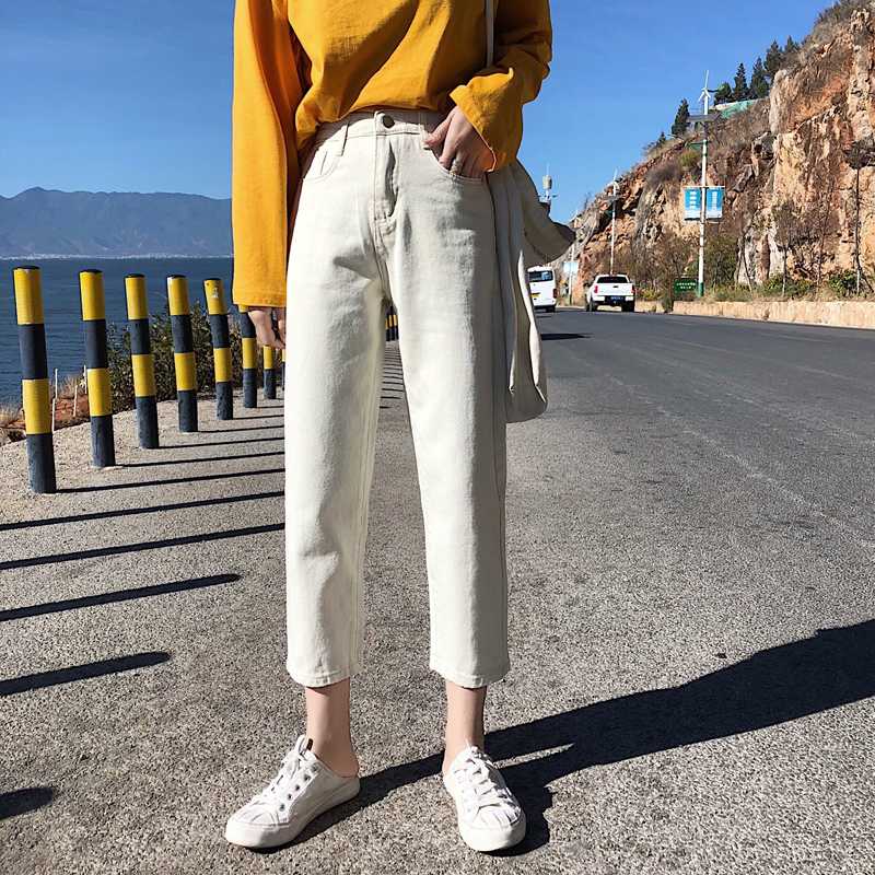 

2020 fashion new apricot denim pants for girls straight jeans cropped design trousers, Black