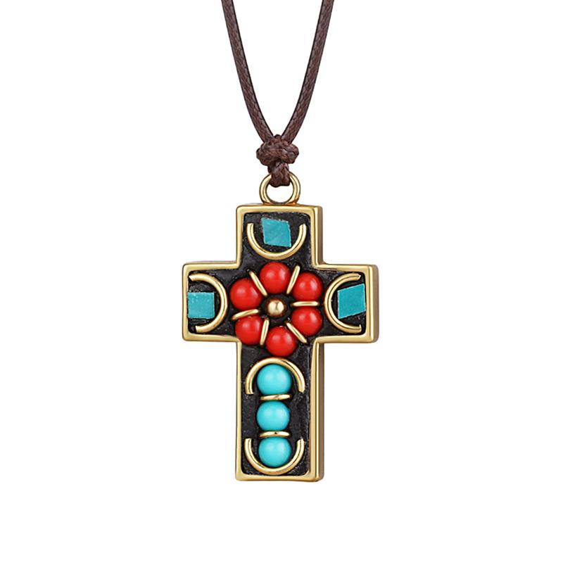 

5pcs Copper Pendant Cross Necklaces Religious Inlay Nepal Beads Leather Chain Necklace Antique Lucky Jewelry for Women Men