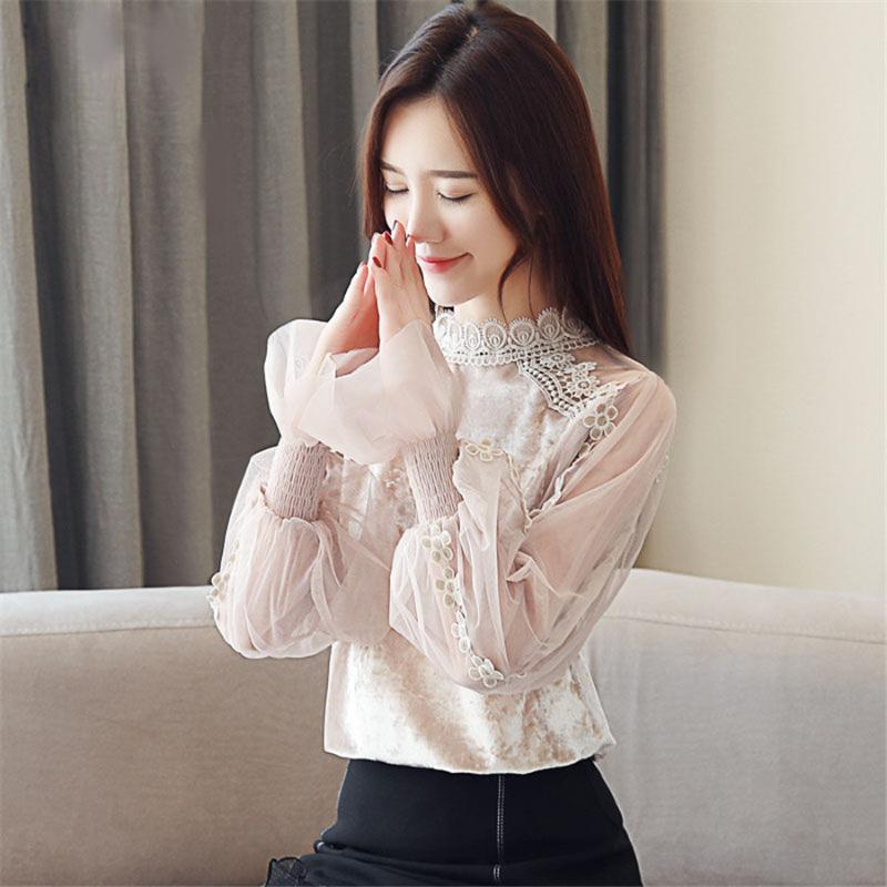 

Womens Tops and Blouses 2020 Cotton Linen Blouse Solid Stand Collar Ladies Lace Tops Women Shirts Blusas Feminine, As picture