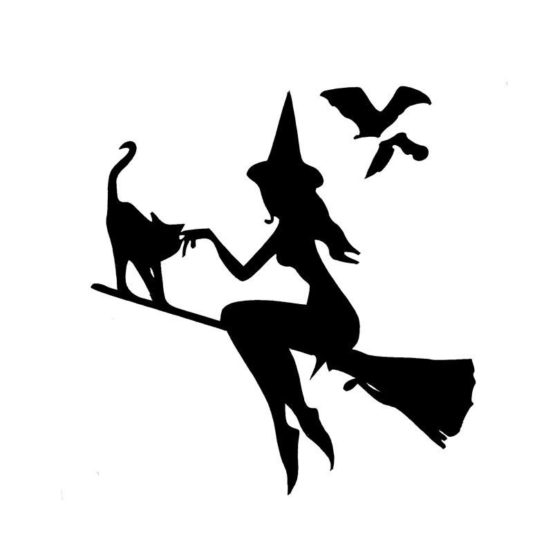 

13.9CM*14.9CM Witch On Broomstick With Cat & Bats Car Sticker Vinyl Decal Car Decor, Color