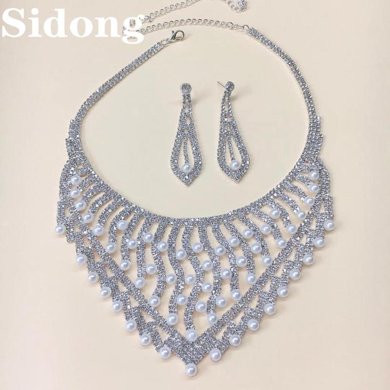 

European and American fashion exaggerated necklace pearl crystal neckchain Bridal Wedding Party Gift Necklace Set