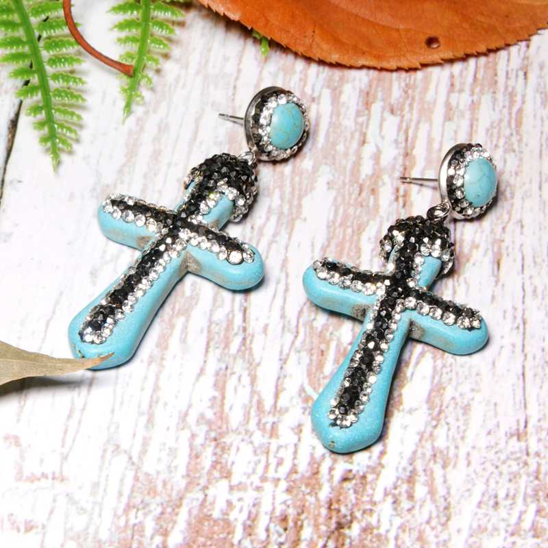 

MOON GIRL Rhinestone Natural Stone Cross Dangle Earring for Women Vintage Statement Unique Design Aretes Femme Jewelry Dropship