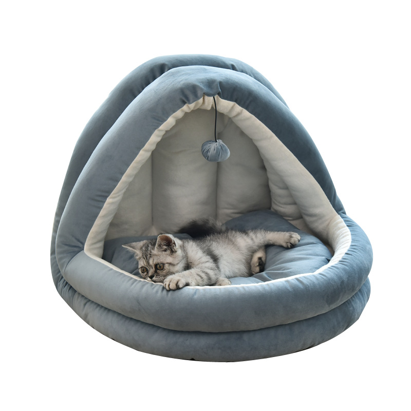 

Soft Pet House with fur Ball Fun Design Cat House Villa Kennel Teddy Small Dog Pet Products, Navy blue