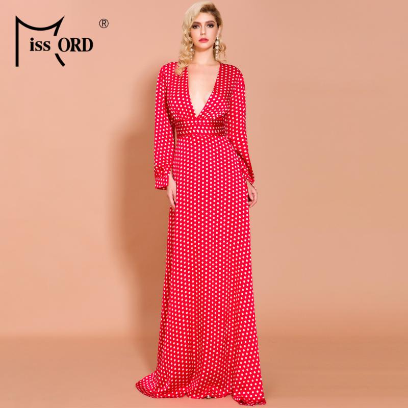 

Missord 2020 Sexy Spring And Summer Deep-V Small Dot split beach Elegant Floor-Length Dress FT18443-1, Red
