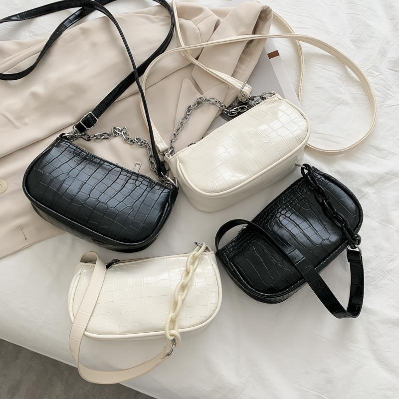 

Simple Casual All Match Women Shoulder Bags Vintage Design Crocodile Pattern Ladies Armpit Bags PU Leather Female Baguette, White