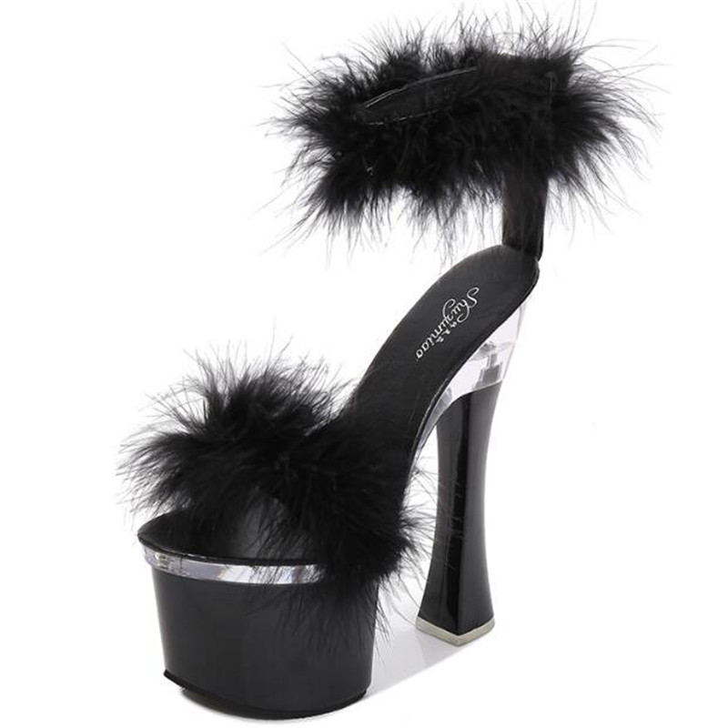 

Sexy word buckle sandals women summer Patent Leather 17.5CM Spike High Heels Open Toed waterproof platform plush women shoes, Black