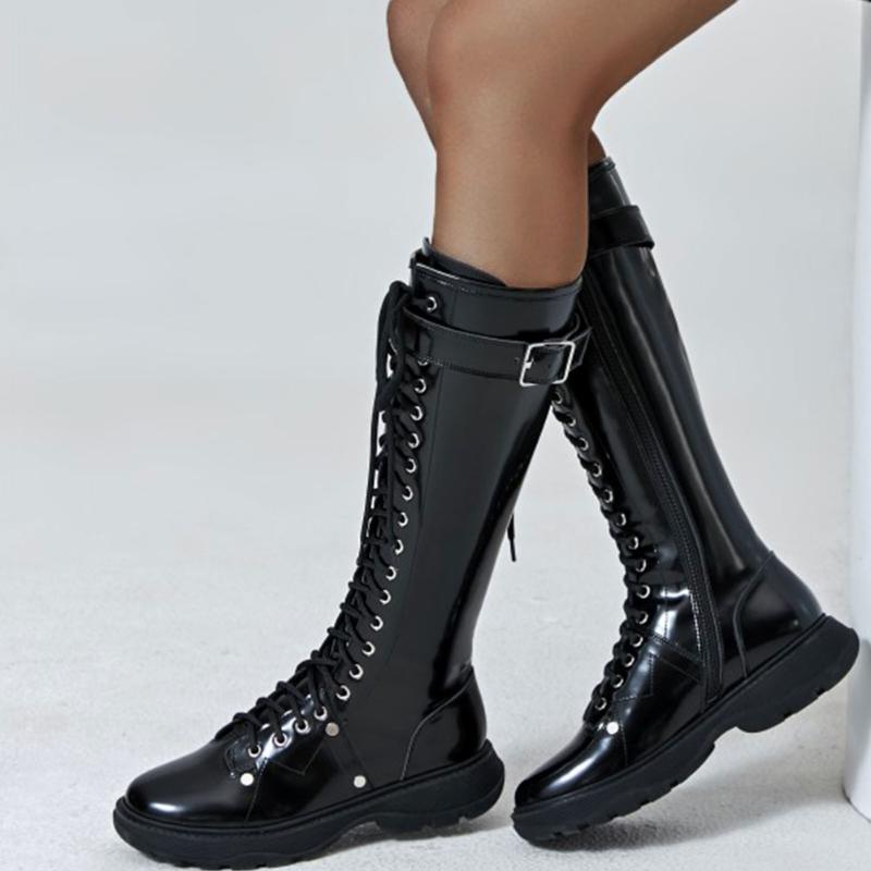 

2020 Best Quality Fashion Shoelaces Belt Buckle Zipper Cool Genuine leather cow leather Knee High Riding Boots Shoes Women, Black