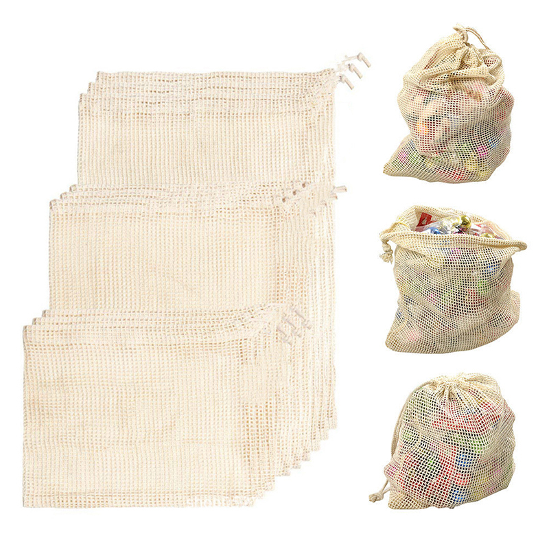 

5pcs/lot Reusable Natural Cotton/Polyester Mesh Produce Bags Fruit Vegetables Storage Bag Home Kitchen Drawstring Shopping Bag