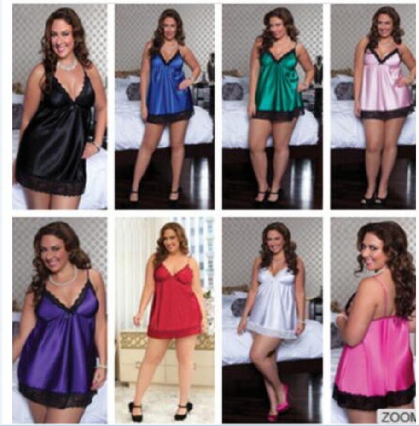 

Best sell Sexy V-Neck Lingerie Night Dress Sleeveless Ladies Satin Nightgown Plus Size See Through Lace Sleepwear Nightwear For women, Black;red