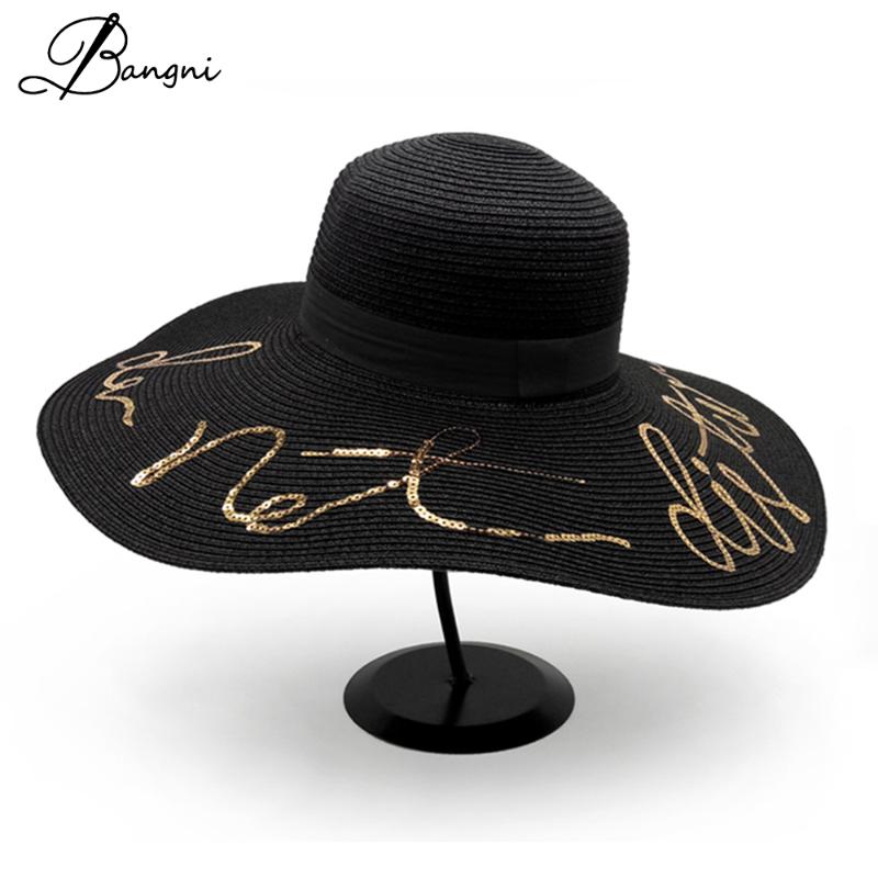 

Summer Women Wide Big Brim Sun Hats Floppy Beach Hat Sequin Letter Straw Casquette Chapeau Femme Black Ribbon Sombrero Gorro, Beige