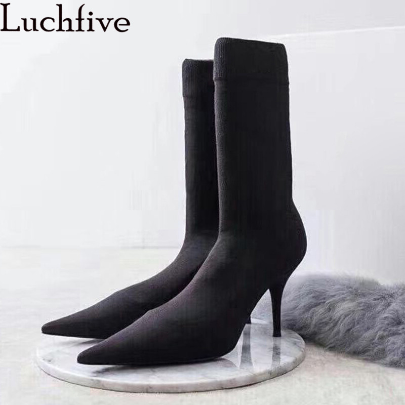 

Woman Elastic Sock Boots Slim fit Stretch Style Ankle Boots Pointed Toe Effects Stiletto Celebrity Shoes Winter Women, As show