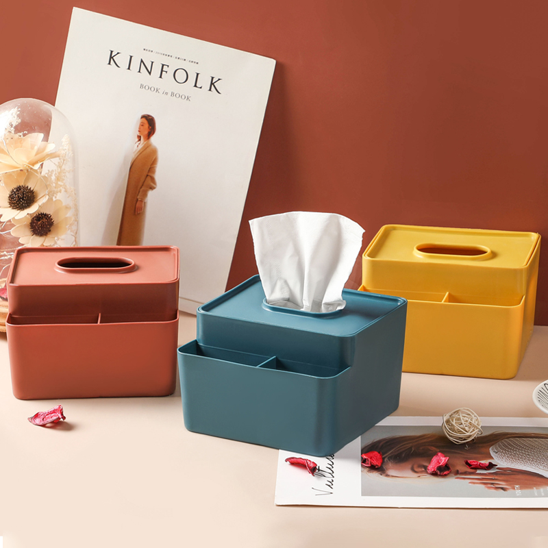

045 Plastic Tissue Box Desktop two compartment remote control pen holder for tissue box Holder Storage Decoration