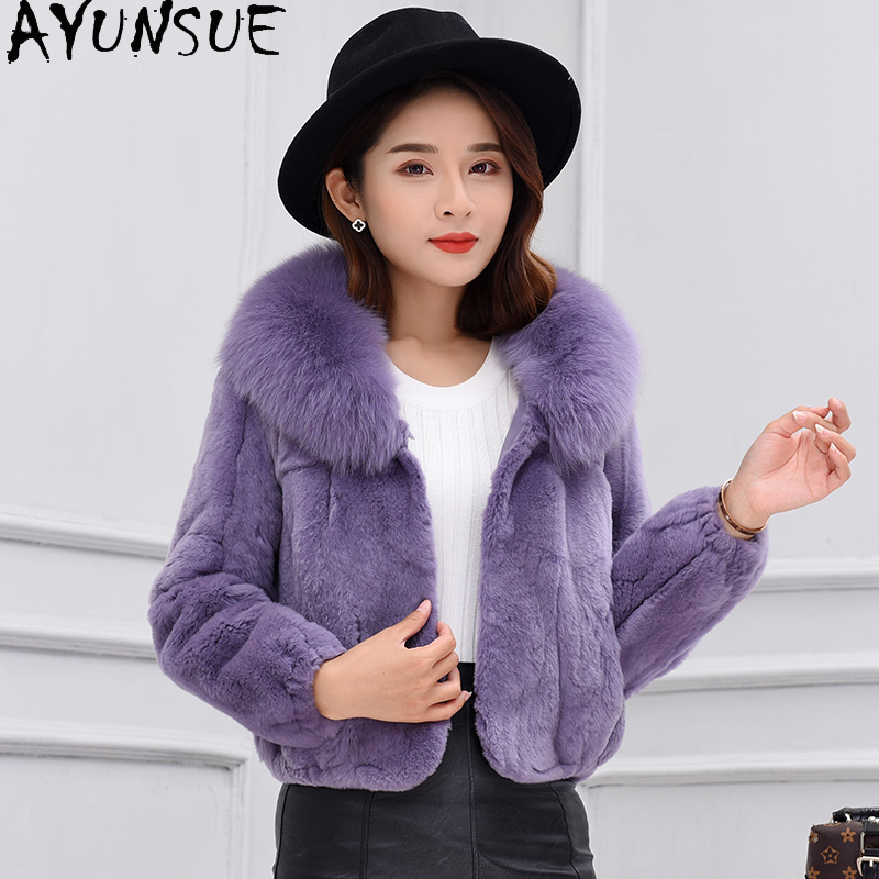 

AYUNSUE Fur Collar Natural Rex Fur Coat Female Witner Jacket Women 2020 Short Fashion Clothes Parkas RS1804 KJ5444, Black