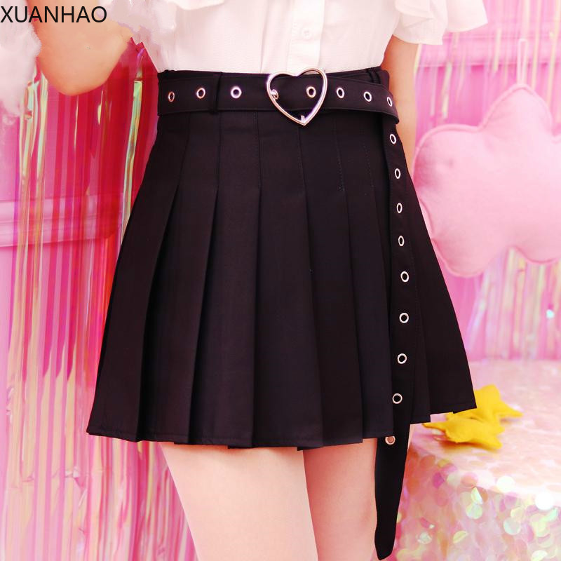 

XUANHAO Heart Belt Pleated Skirt Black White Pink High Waisted Mini Skirts Harajuku Cool Girl Kawaii Sweet Style Skirt Drop Ship
