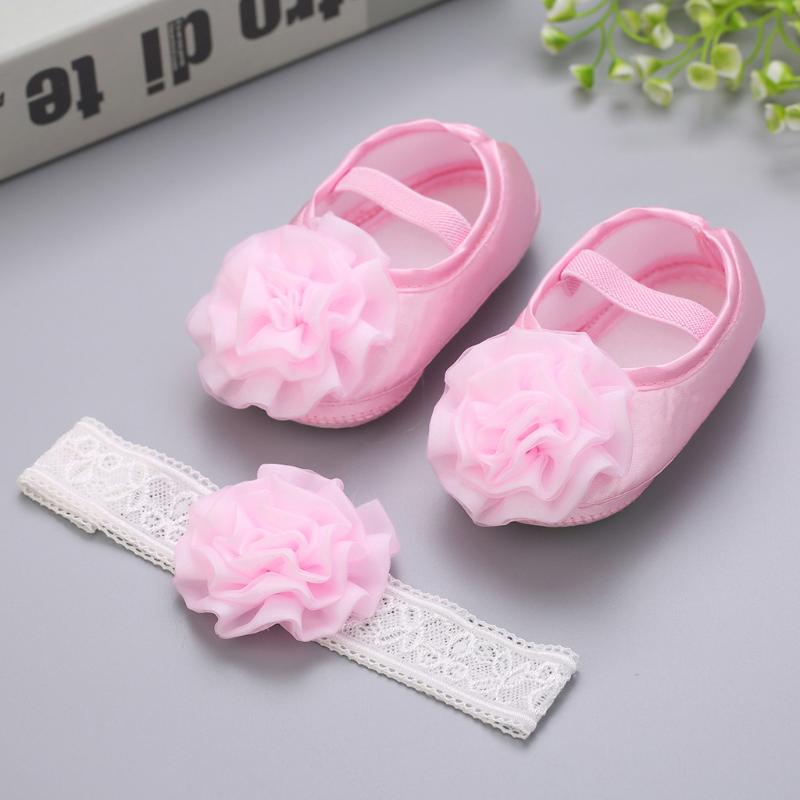 

Sweet Baby Shoes Girls 1PC Hair Belt+Flowers Applique Soft Sole Single Shoes Soft Sole Sneakers First Walker Scarpe Neonata @40