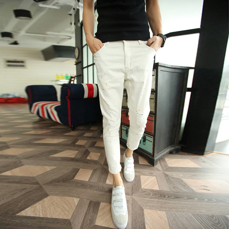 

Fashion 2020 Summer Casual white male harem across Ankle Length pants Distressed feet inkjet Knee Ripped Hole Teenagers jeans