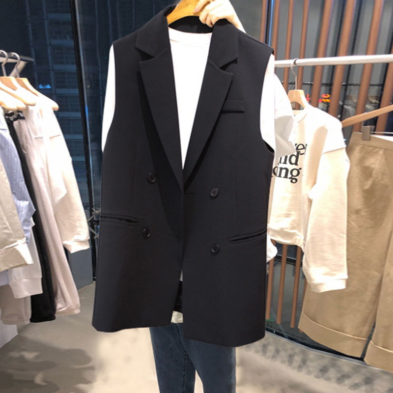 

2020 New Spring Women Fashion Button Pockets Waistcoat Vintage Female Casual Outerwear Chic Double Breasted Sleeveless Vest A24, Black