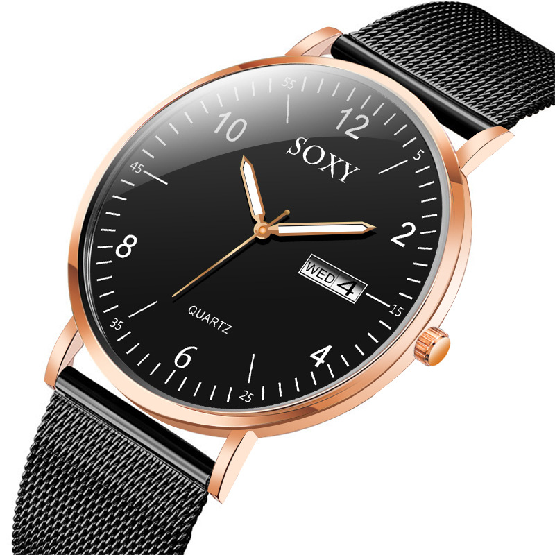 

new arrivals timelimited designers new sales style simple fashion numbers dial double calendar design mens casual mesh belt creative watch, Black belt rose gold shell