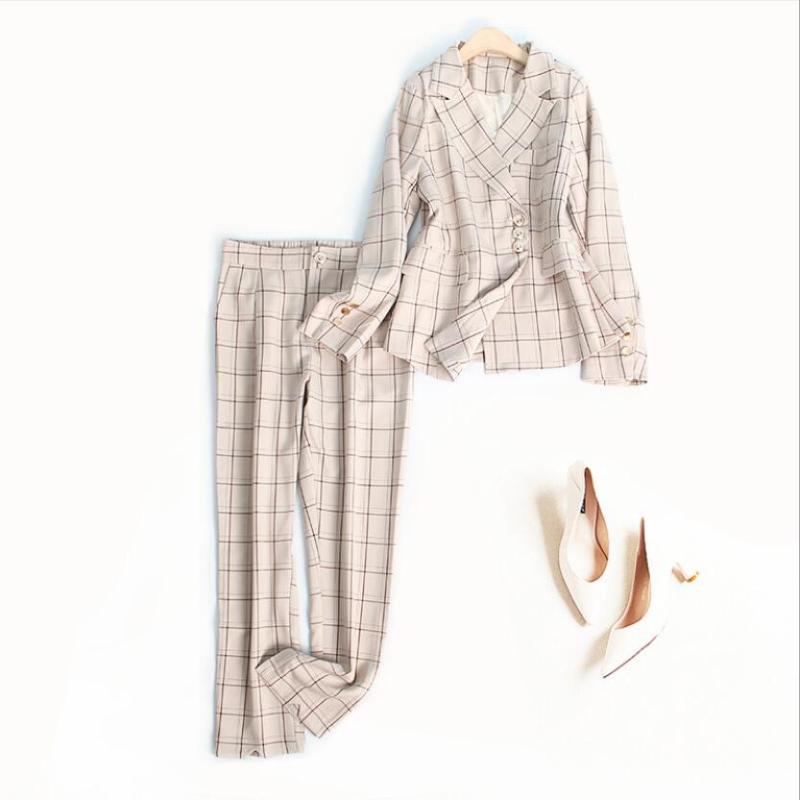 

Celebrity Women Runway Stylish Designing Plaid Blazer Suits Pencil Pants European Fashion Two-piece Sets Quality Twins Sets, Black