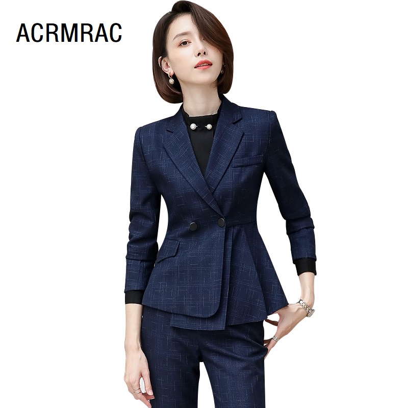 

Women suits Slim spring Long sleeve jacket pants 2-piece set Formal Business Women pants suits Woman set 6966, Blue jacket skirt