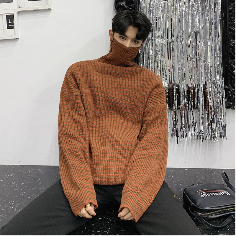 

2020 Winter New Japanese Loose Small Fresh Striped Fluffy Thick Wool Knit High Collar Men's Casual Trend Sweater, Nacarat