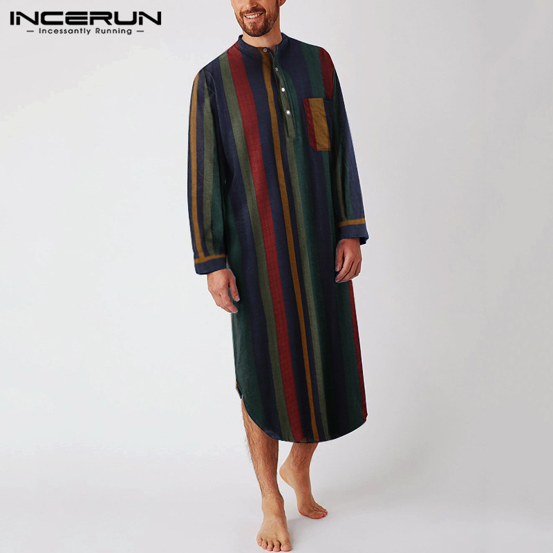 

Stand Collar Buttons Nightgown Man Loose Cotton Bathrobes INCERUN Vintage Striped Sleep Robes Men Fashion Long Sleeve Sleepwear, Green