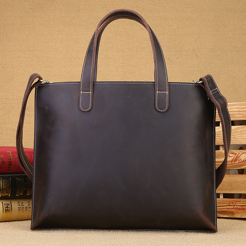 

Vintage Pure Handmade Natural Crazy Horse Leather Men Briefcase, Dark brown