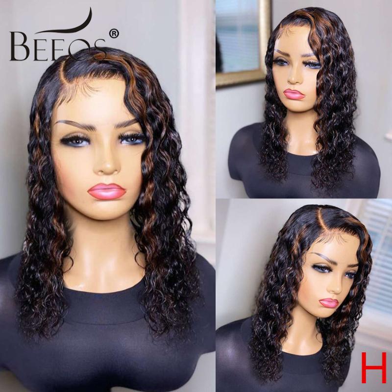 

Beeos 180% 4*4 Closure Human Hair Wig Highlight Color Side Part Curly Bob Brazilian Remy Pre Plucked Bleached Knots For Woman, As pic