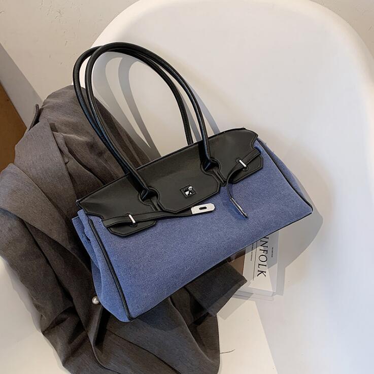 

Factory wholesale women handbag elegant atmosphere contrast canvas handbag new large leather handbag fashion blue women's shoulder bag, Black;red