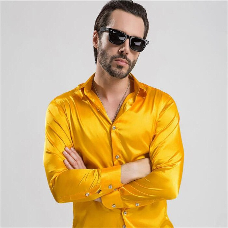 

Silk Blending Business Casual Shirts Blouse Europe US Men New Regal Noble Tops Upscale Loose Fit Silky Slip Glossy Red Single Breasted, White