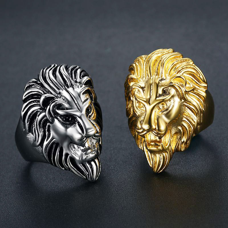 

Real Stainless Steel Men Women Hip Hop Rings Lion Face Trendsetter Nightclub Singer Punk Finger Jewelry Gold Steel Size 7-14