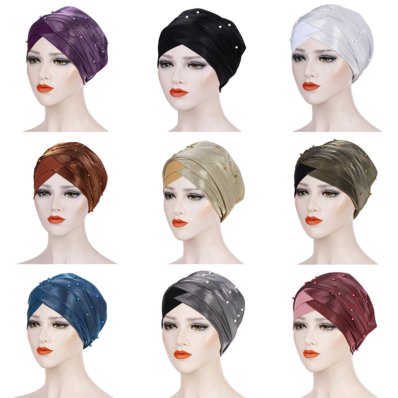 

Cross Muslim Women Beading Elastic Turban Hat Chemo Cancer Cap Headscarf Bandana Casual Solid Color Women Hats High Quality, White