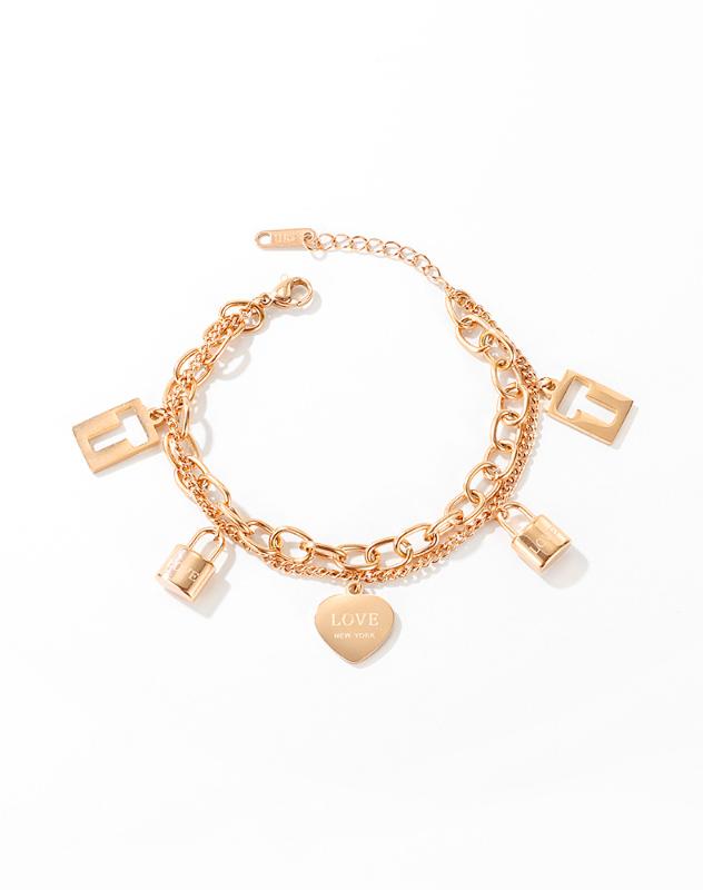 

Charm Bracelets Titanium Steel & Bangles For Women Double Layer Design Concentric Lock Love Rose Gold Gift