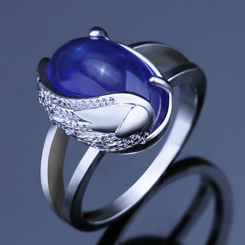 

Februaryfrost Brand Designer Vintage Ethnic Cocktail Party Rings For Ladies Fashion Half Angle Wings With Deep Blue Stone Women Party Ring