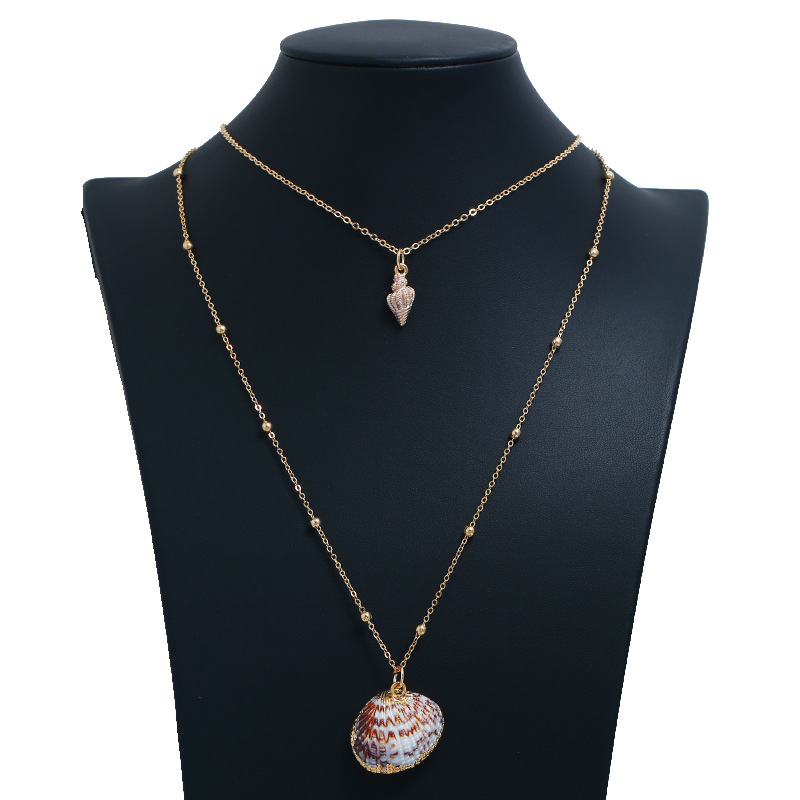 

Bohemian Women Gift Geometric Shell Conch Inlaid with Gold Edge Ball Multilayer Pendant Necklace Clavicle Chain Summer Jewelry
