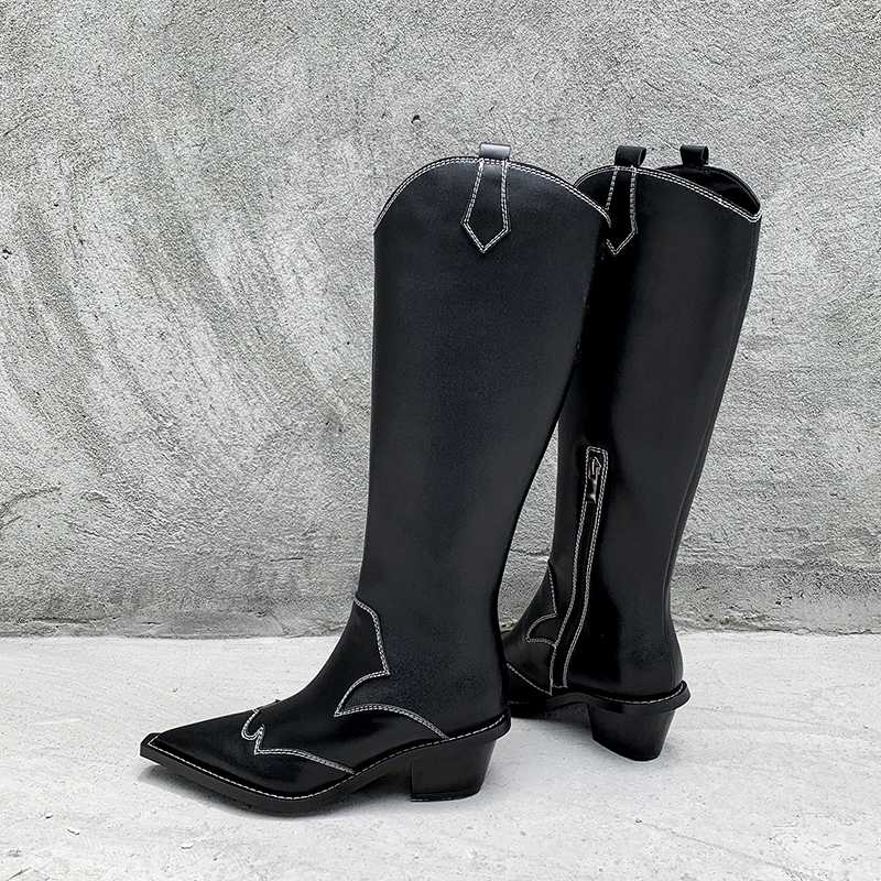 

AGODOR Western Boots Women Knee High Cowboy Boots Fashion Pointed Toe Sewing Shoes Female High Heels Thick Shoes Ladies Autumn, Black