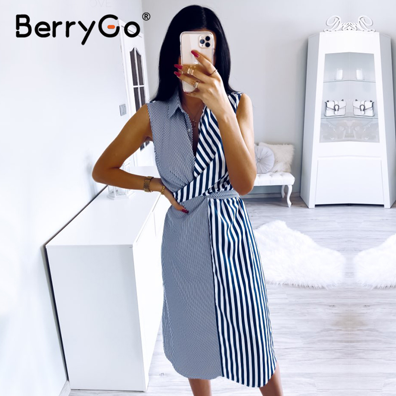 

BerryGo Sleeveless striped women summer dress Casual collar shirt dress office ladies Holiday chic beach wear long dress female, Blue